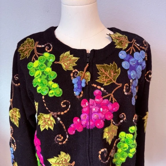 Design Options Philip& Jane Gordon Black Cardigan with Colorful Grape Embroidery - Picture 2 of 8